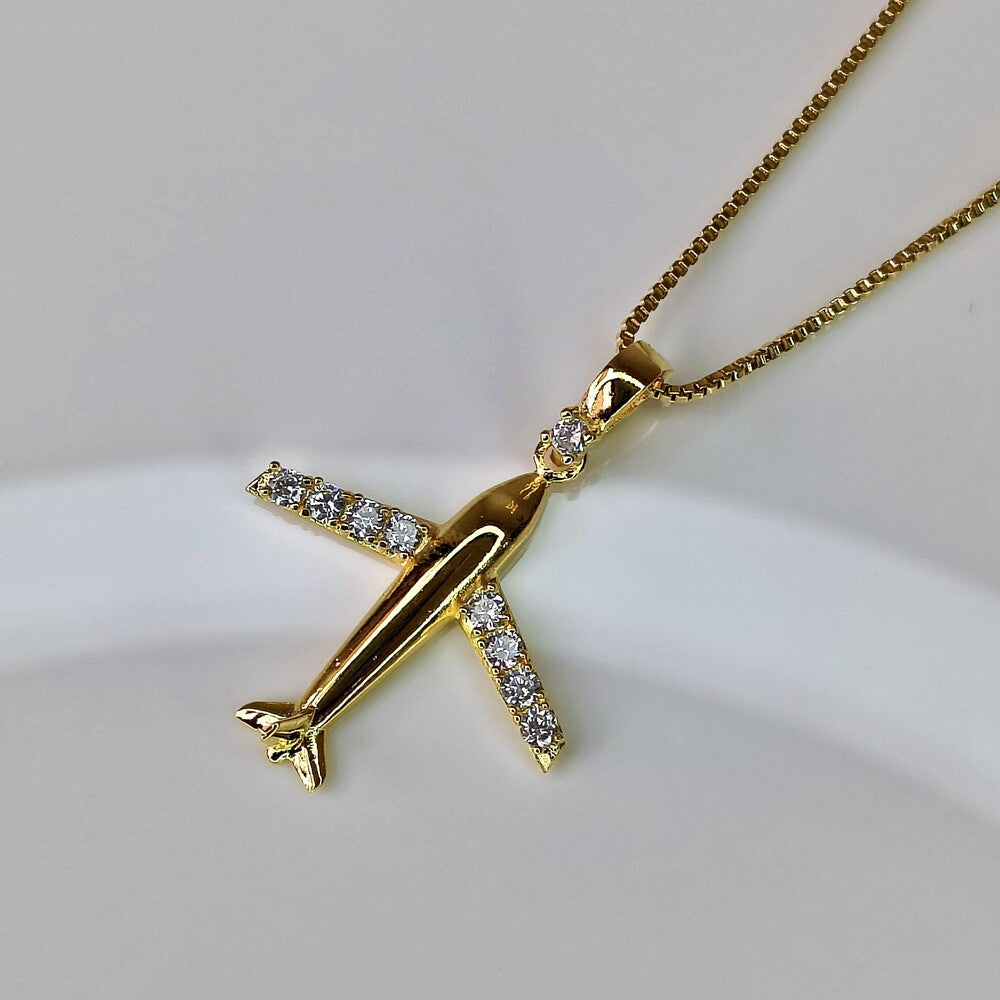 Colar avião cravejado zircônias brancas ouro - foto 4