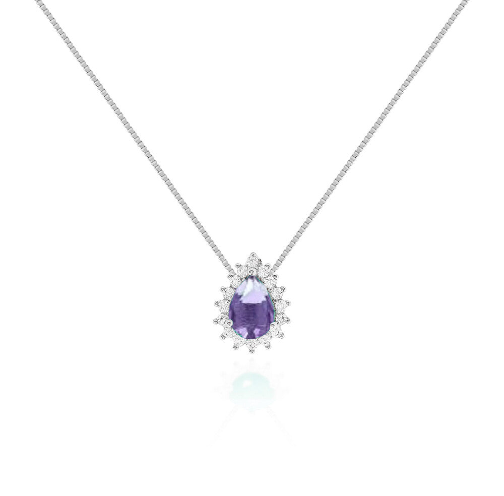 Colar Fran gota zircônia tanzanita ródio branco