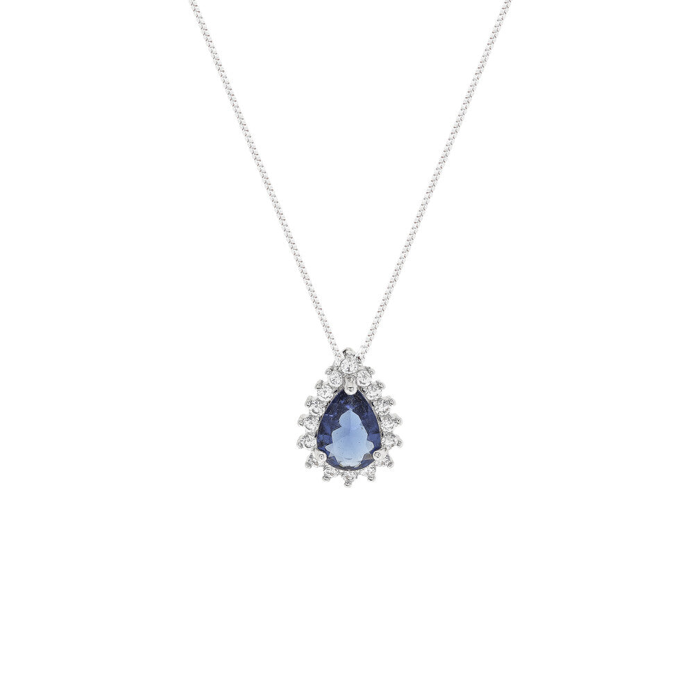 Colar Fran gota zircônia azul safira ródio branco