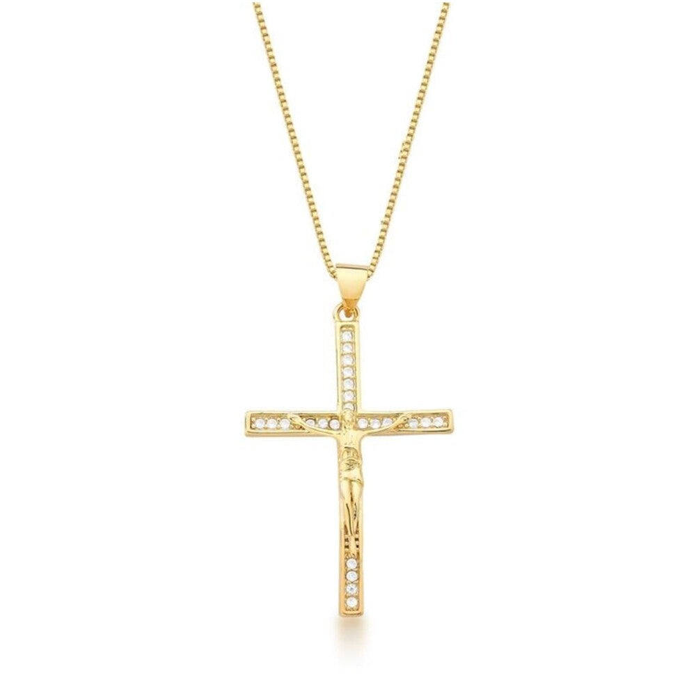 Colar pingente crucifixo Jesus cravejado ouro