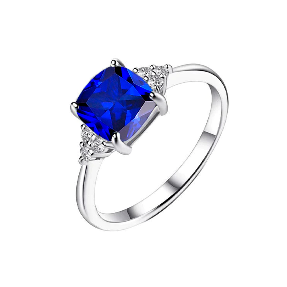 Anel quadradinho zircônia azul safira prata 925