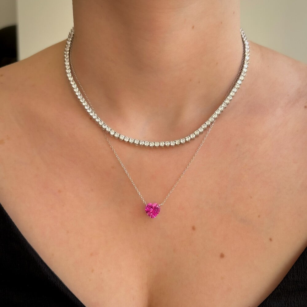Conjunto Nice coração zircônia turmalina pink prata 925