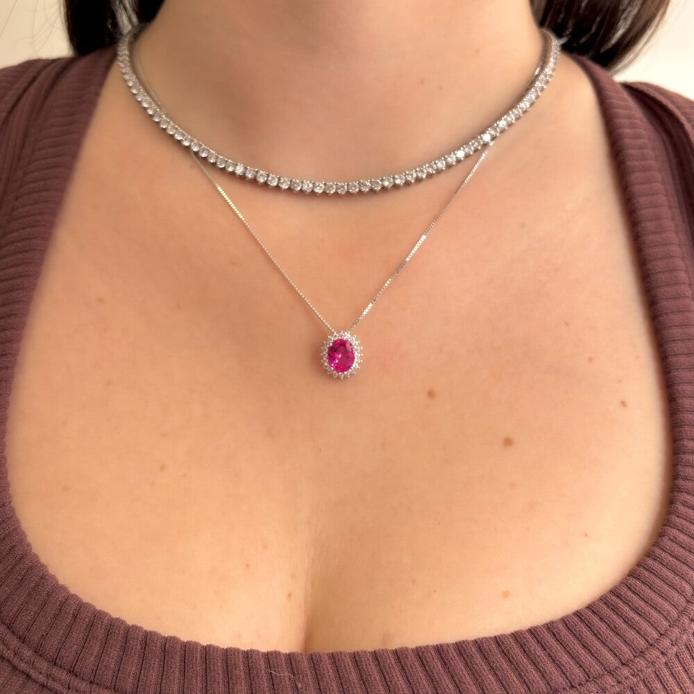 Conjunto Intense oval zircônia turmalina pink prata 925