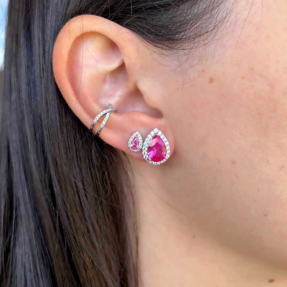 Conjunto gota Betina zircônias turmalina pink prata 925