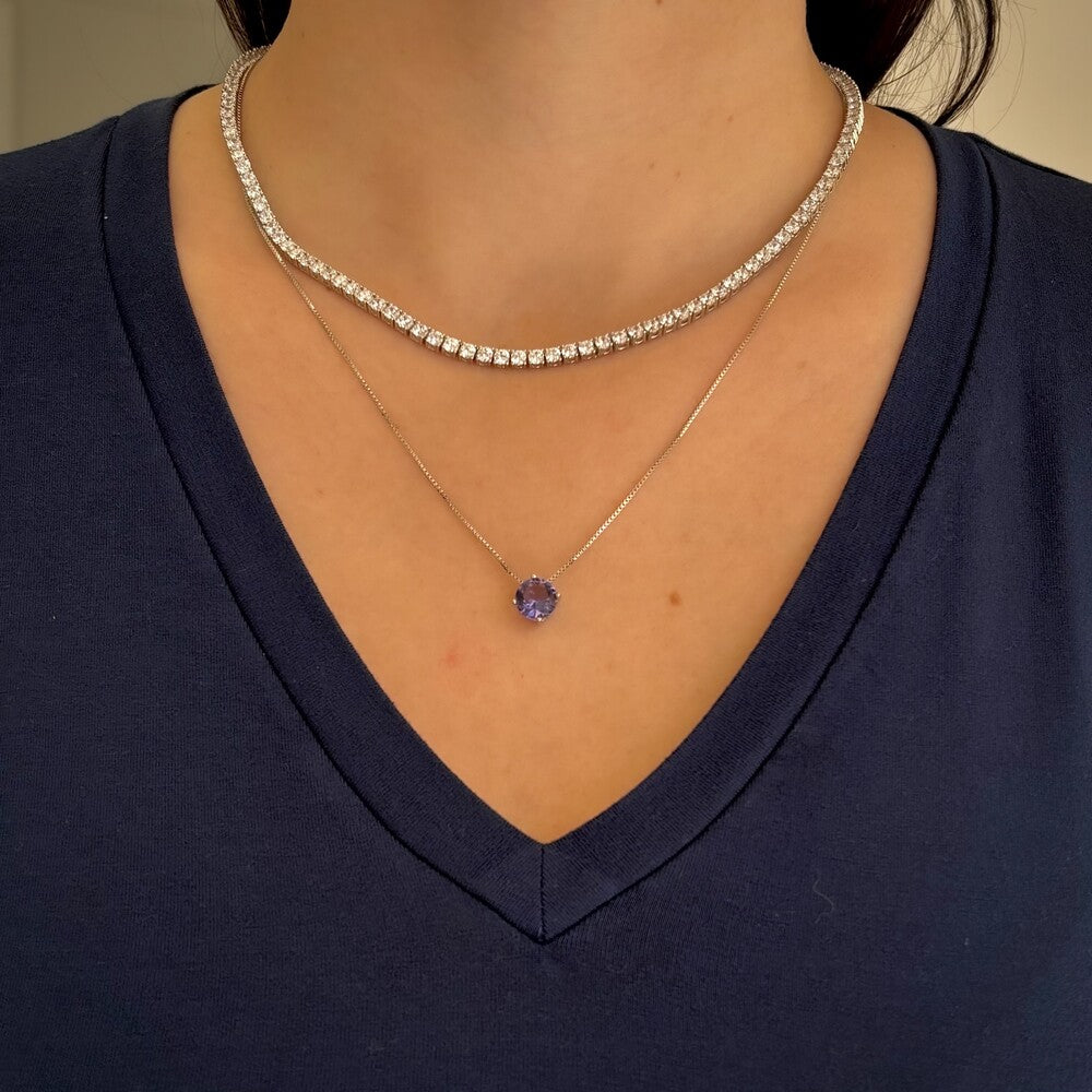 Colar ponto de luz zircônia tanzanita ródio branco (8mm)