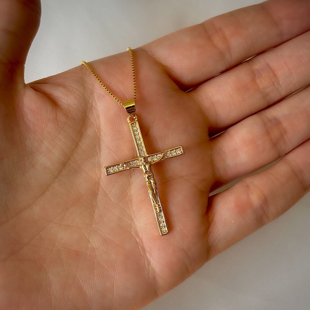 Colar pingente crucifixo Jesus cravejado ouro - foto 3