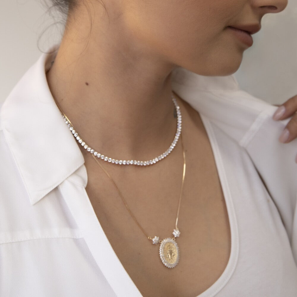 Conjunto colar e pulseira riviera zircônias brancas ouro