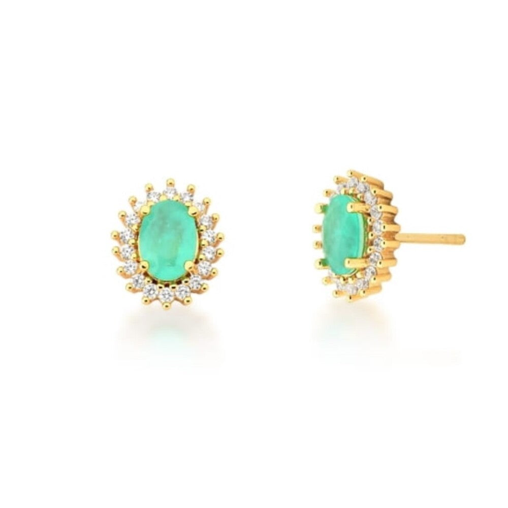 Brinco oval cravejado esmeralda colombiana ouro