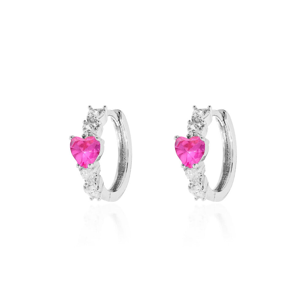 Brinco argola coração zircônia turmalina pink ródio branco
