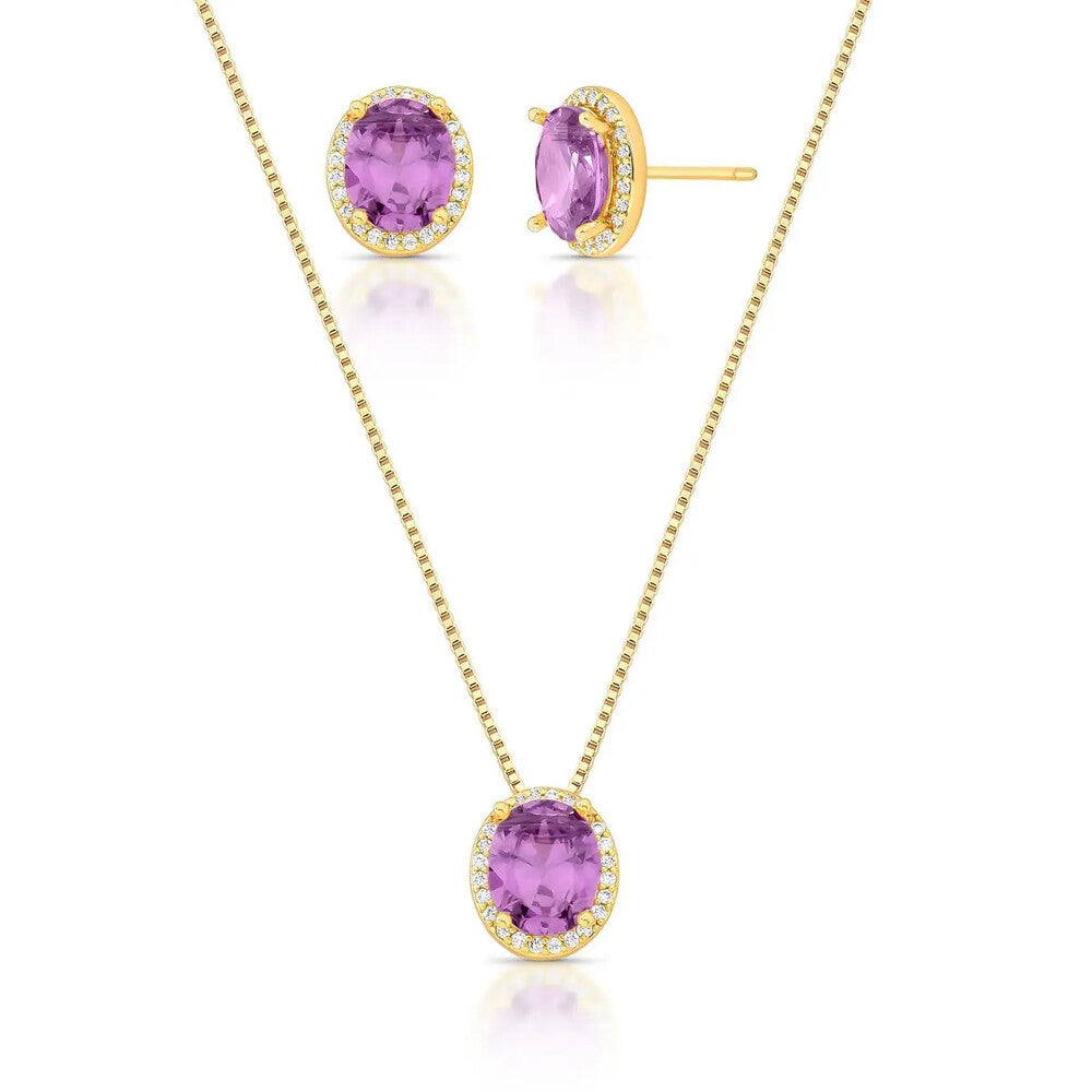 Conjunto oval zircônias ametista cravejado ouro