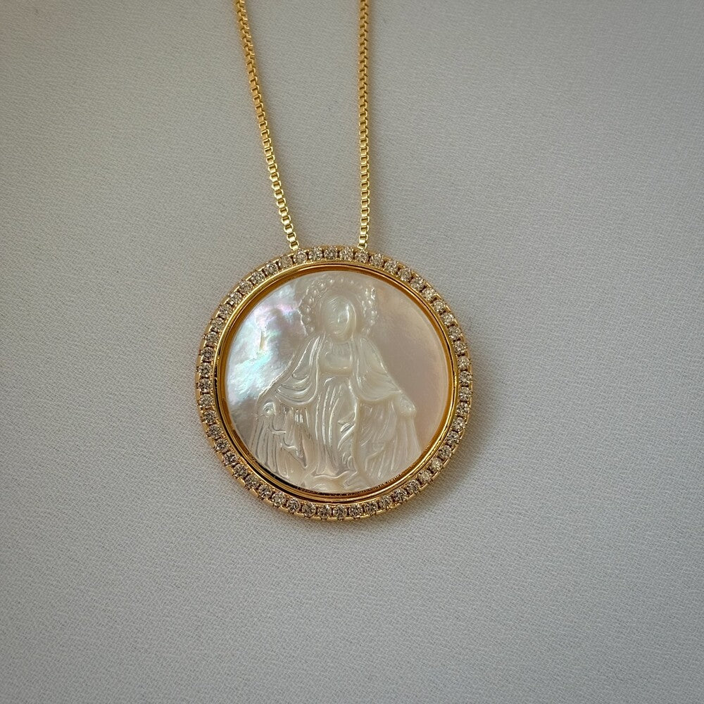 Colar pingente redondo Nossa Senhora das Graças cravejado ouro - foto 4