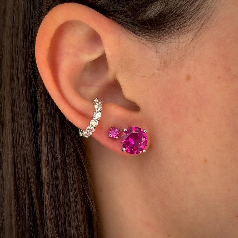 Conjunto argola Manhattan + ponto de luz 4mm zircônia turmalina pink ródio branco