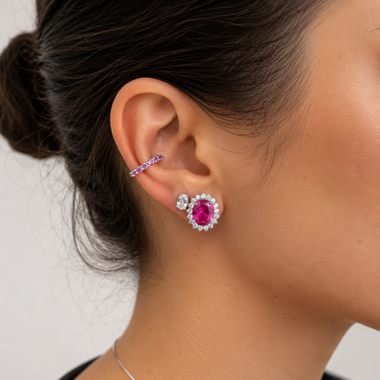 Conjunto Astrid oval zircônias turmalina pink ródio branco