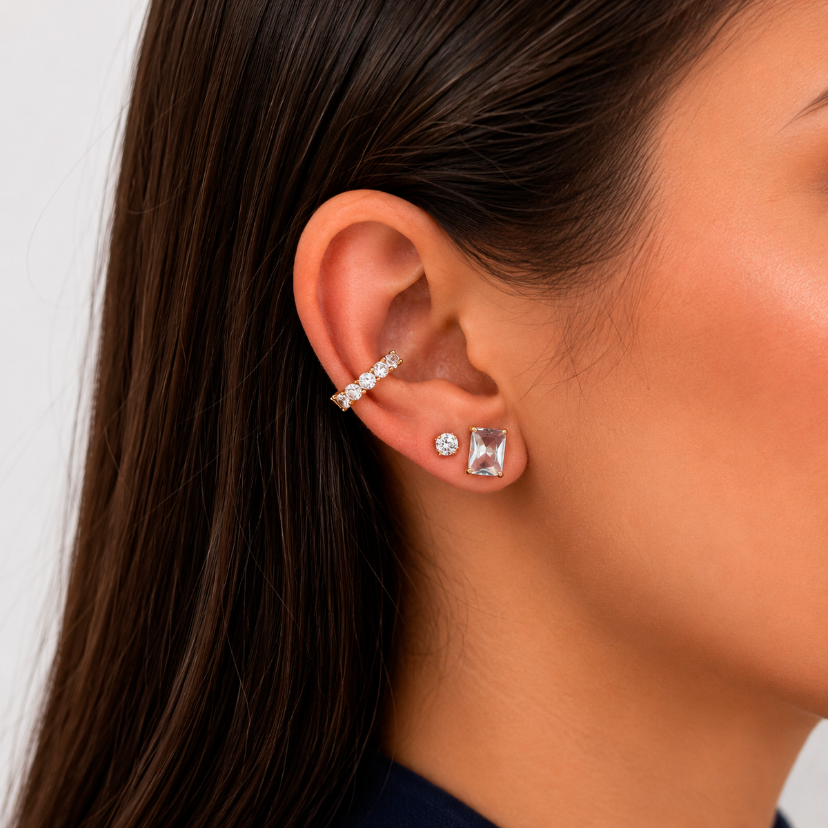 Conjunto Focus retângulo zircônia água marinha ouro