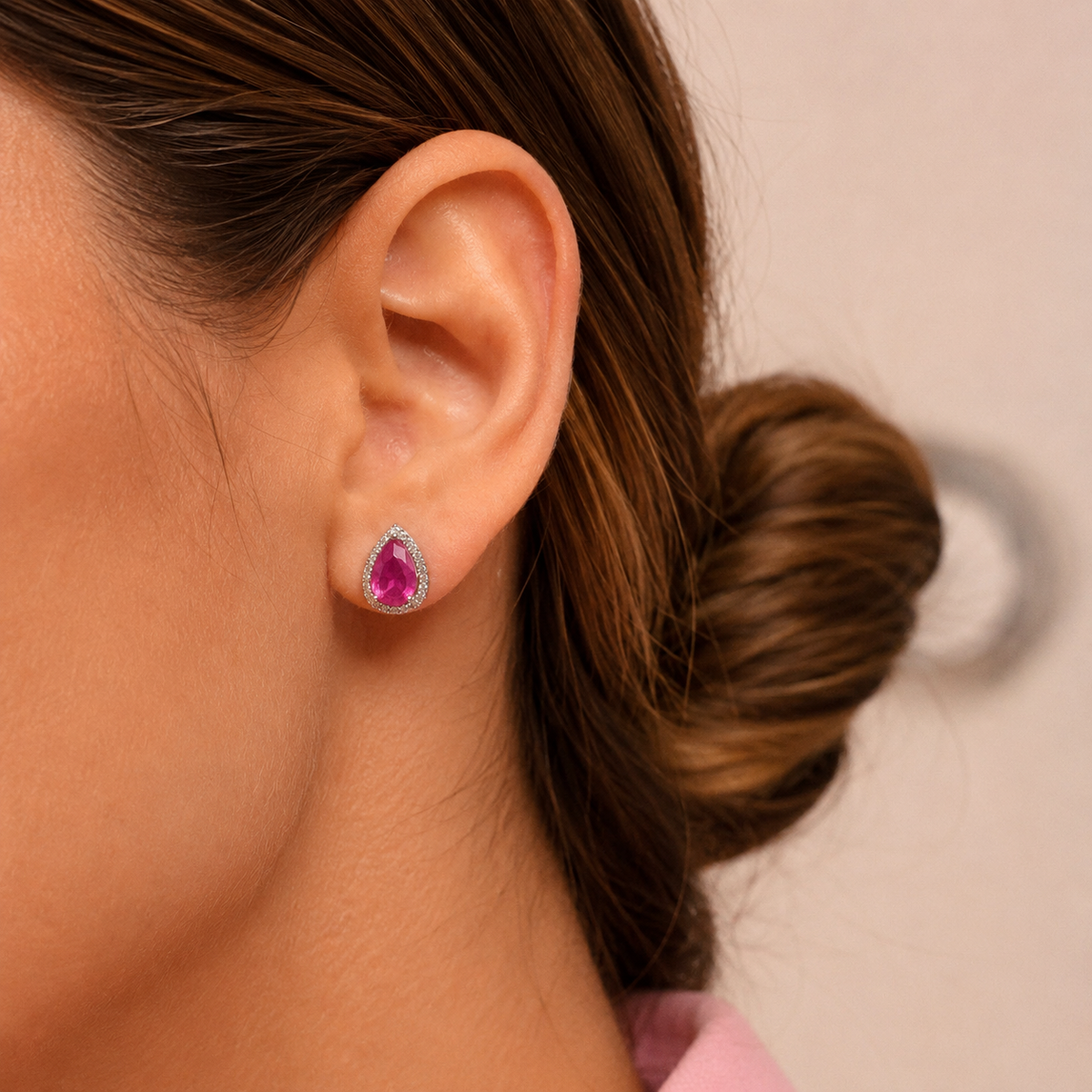 Conjunto Paty gota zircônia turmalina pink ródio branco
