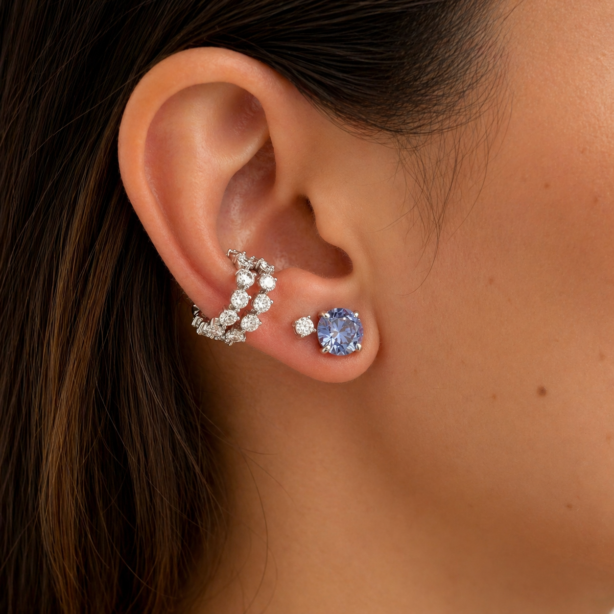 Conjunto redondo zircônia tanzanita prata 925 (8mm)
