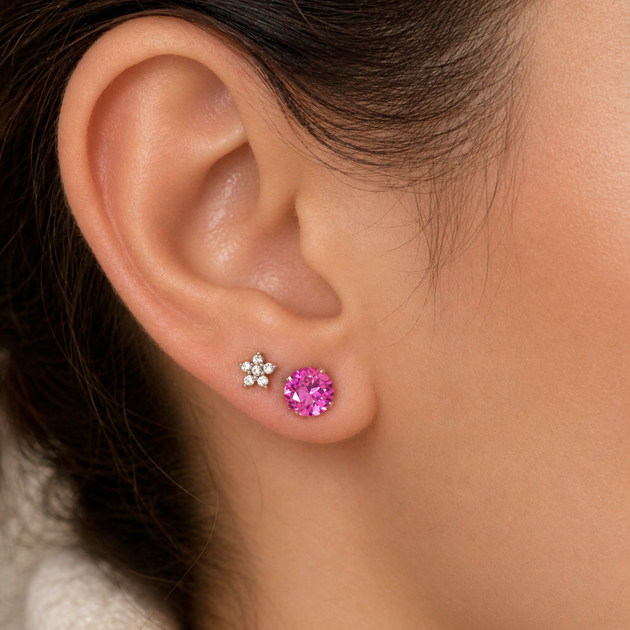 Conjunto redondo zircônia turmalina pink prata 925 (6mm)