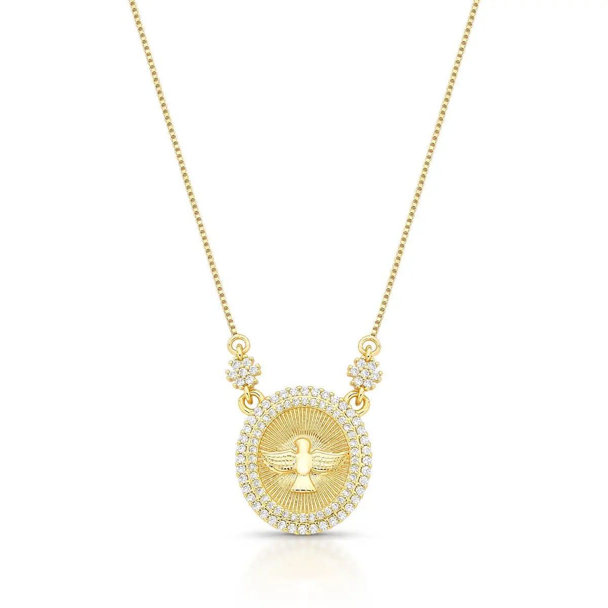 Colar Divino Espírito Santo zircônias brancas ouro