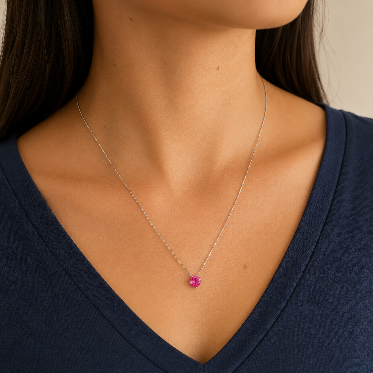 Conjunto redondo zircônia turmalina pink ródio branco (6mm)