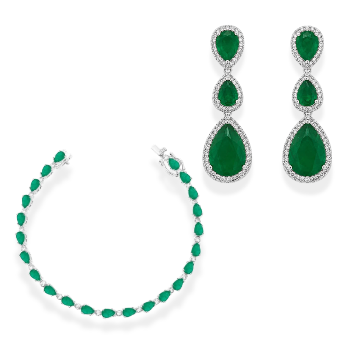 Conjunto Brinco Demi + Pulseira riviera Eva esmeralda fusion ródio branco