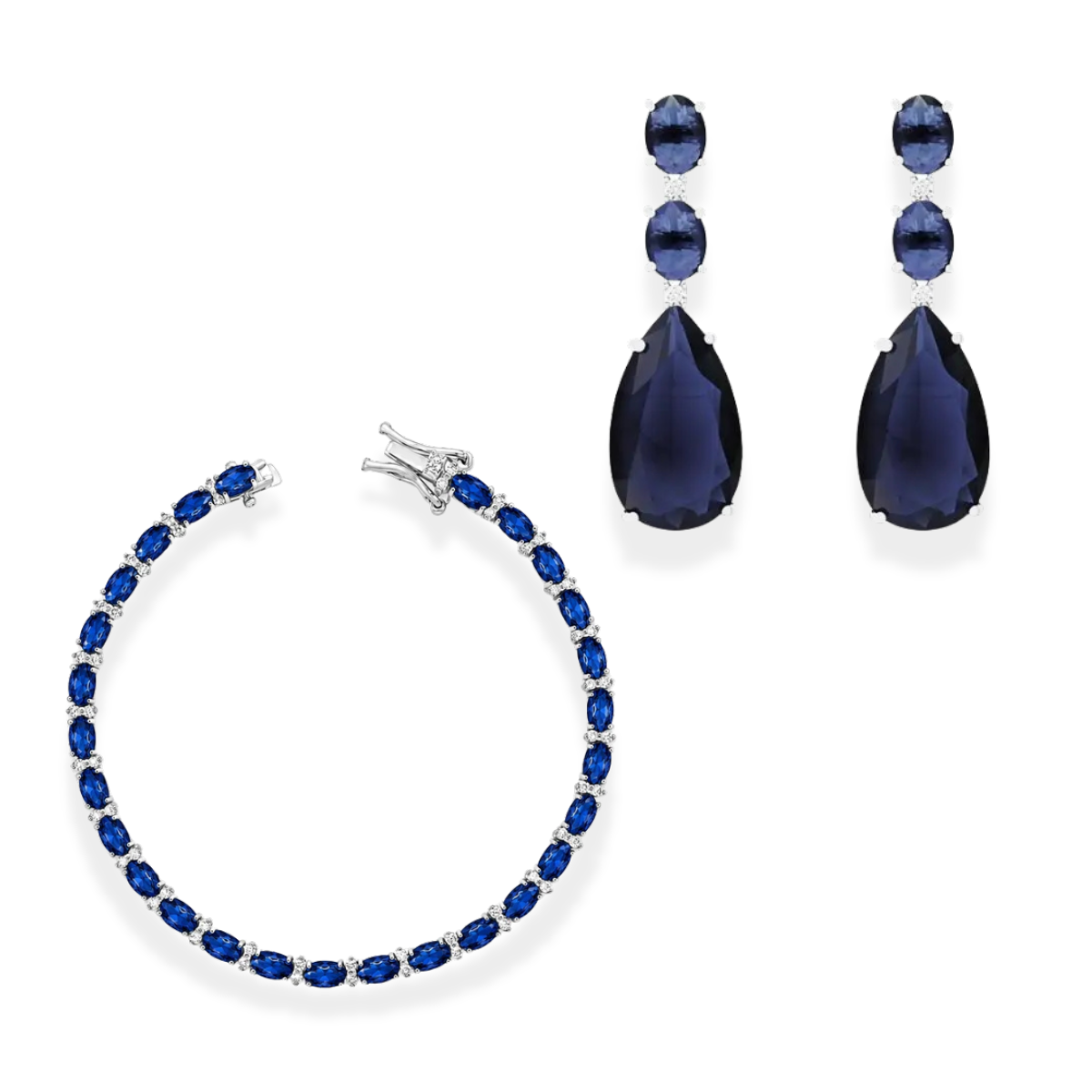 Conjunto Brinco Doris + Pulseira riviera Laura zircônia azul safira ródio branco