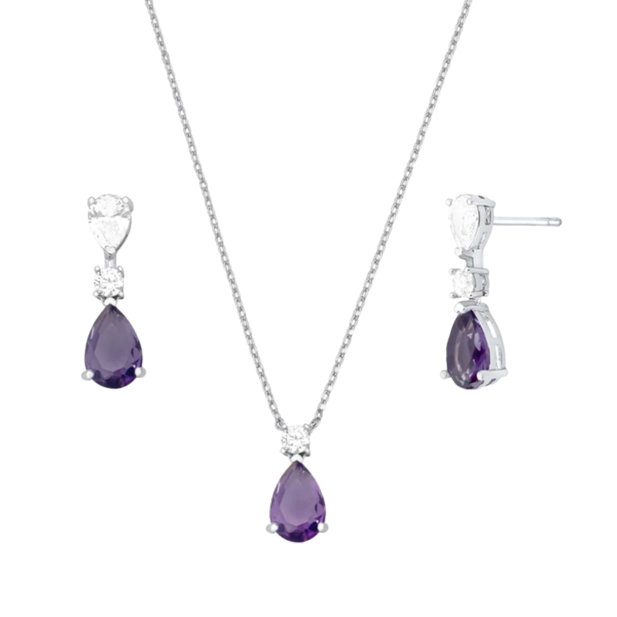Conjunto Alice gota zircônia tanzanita ródio branco