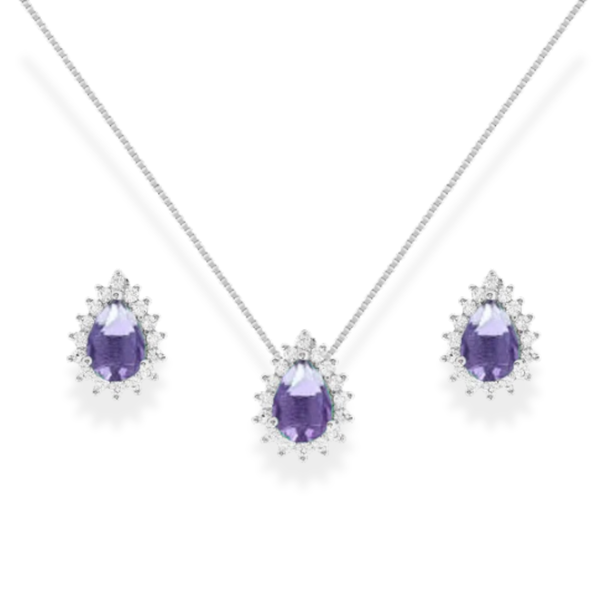 Conjunto Fran gota zircônia tanzanita ródio branco