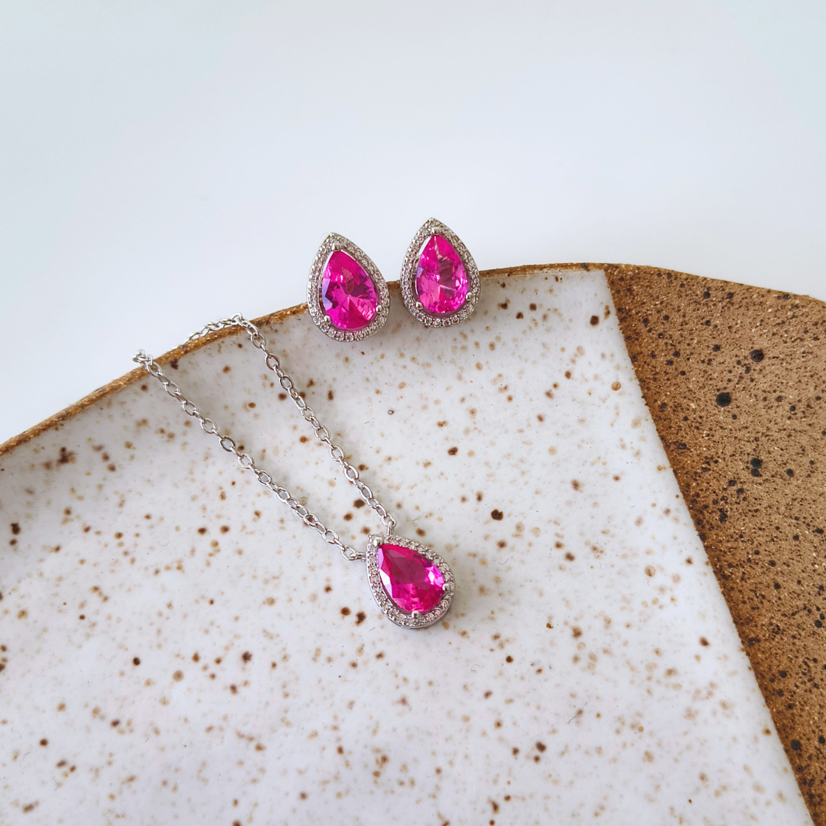 Conjunto Paty gota zircônia turmalina pink ródio branco