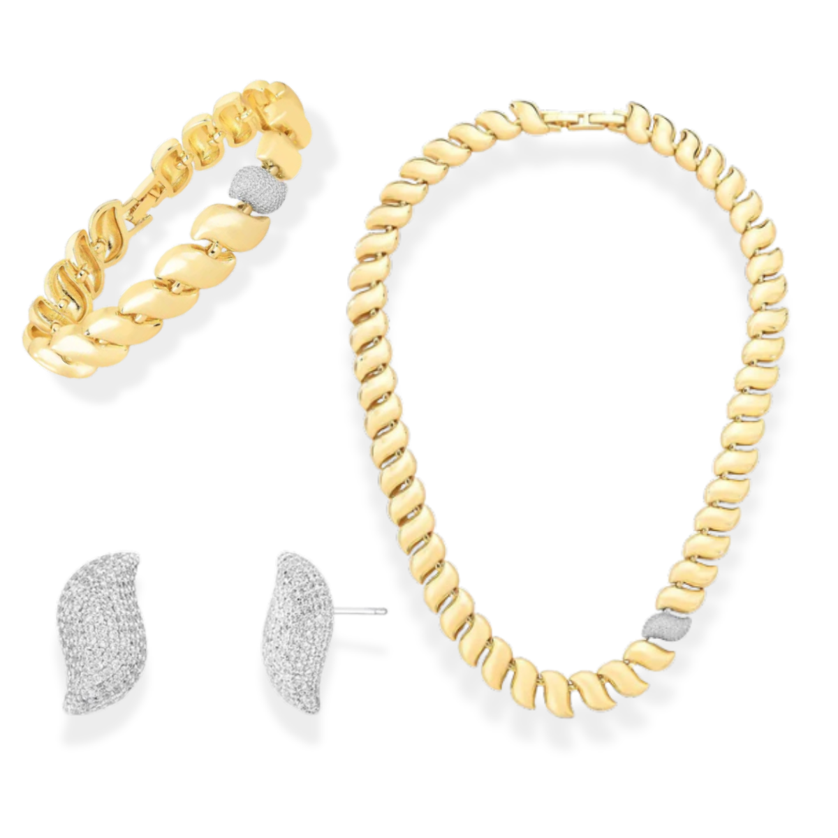 Conjunto Pulse elos curvos lisos e cravejado ouro