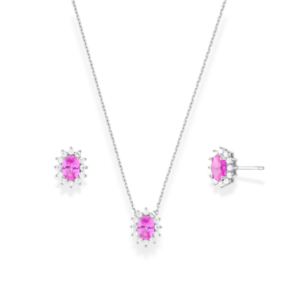 Conjunto Winnie oval zircônia turmalina pink ródio branco