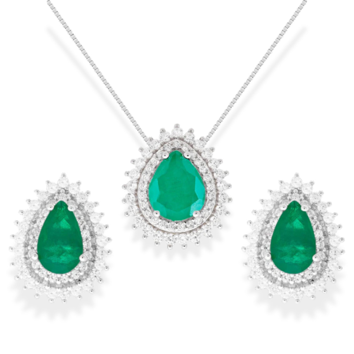 Conjunto gota Holly esmeralda fusion prata 925