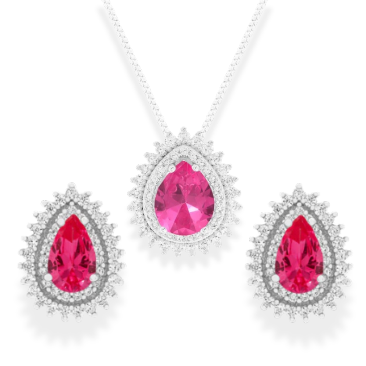 Conjunto gota Holly zircônia turmalina pink prata 925