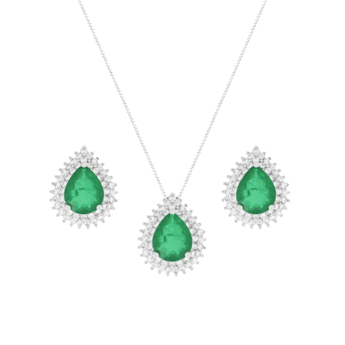 Conjunto gota Lauren esmeralda fusion ródio branco