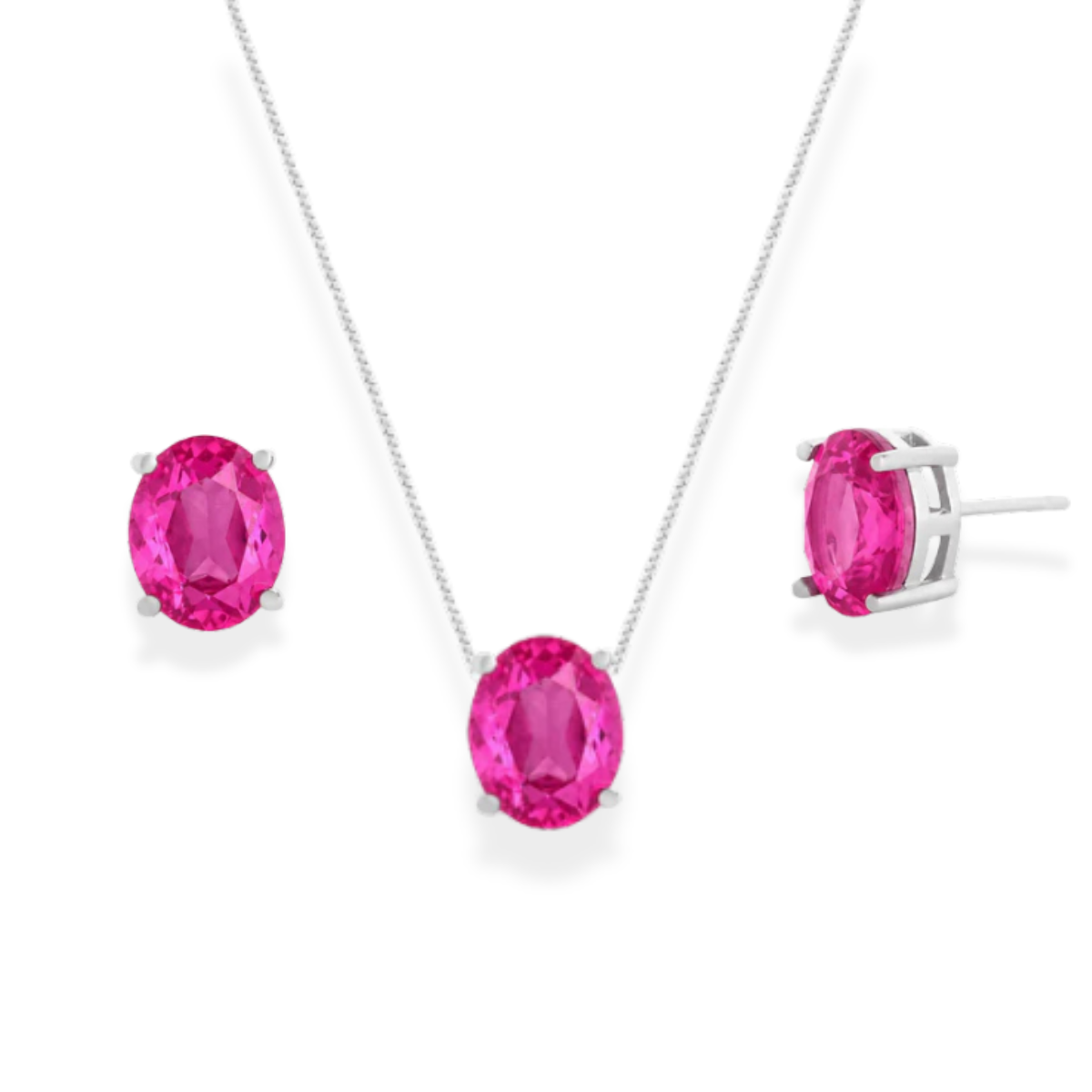 Conjunto oval Sasha zircônia turmalina pink ródio branco