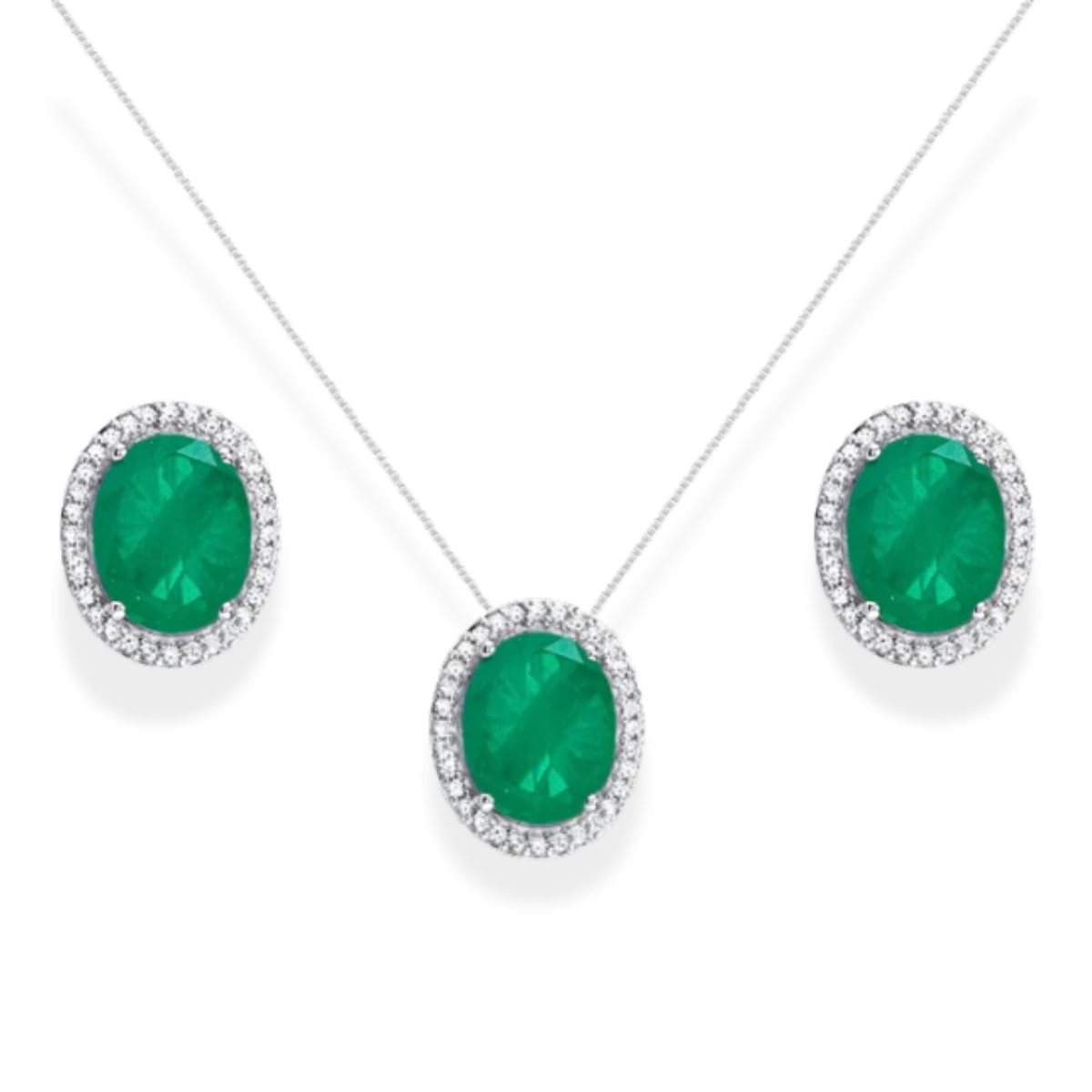 Conjunto oval Veneza esmeralda fusion ródio branco