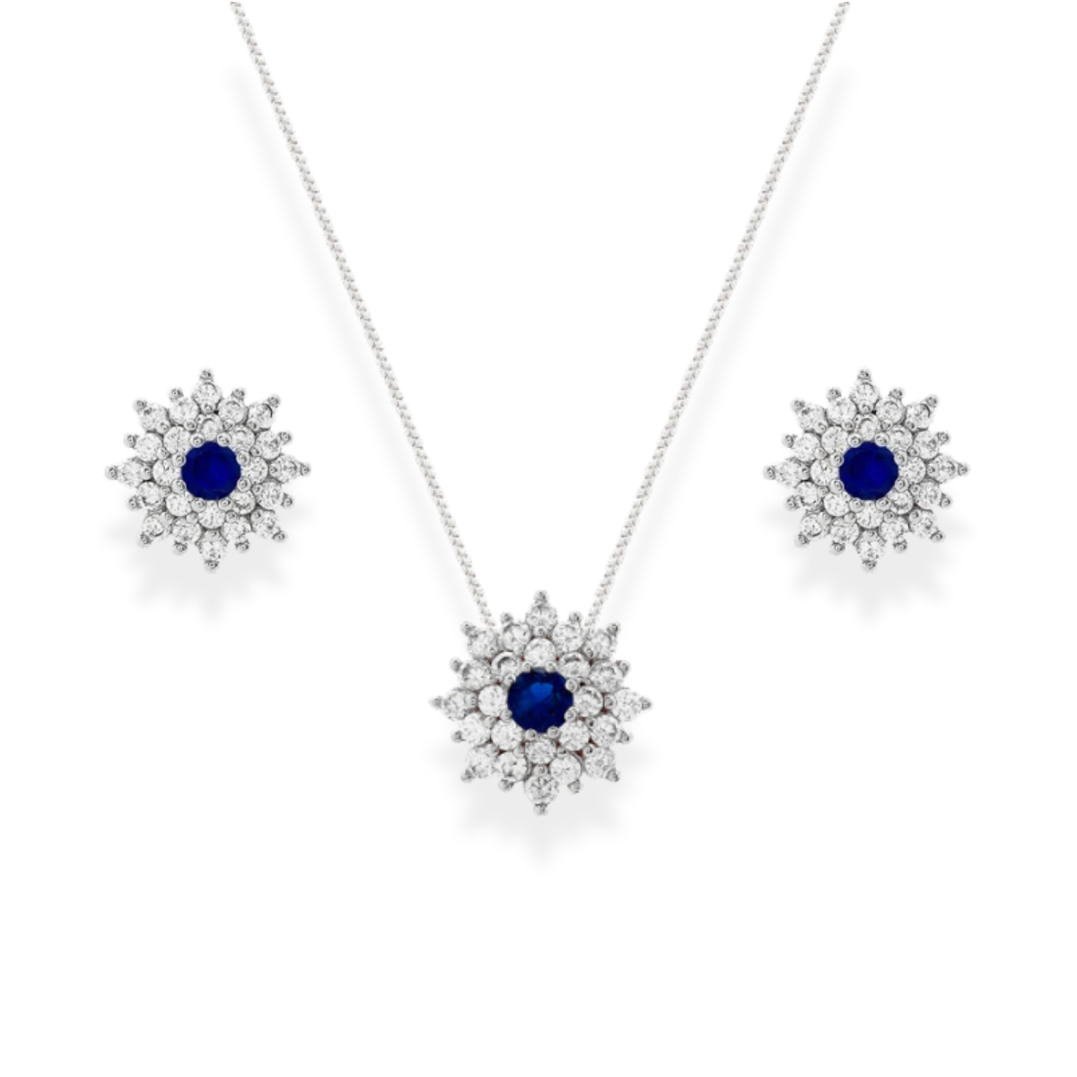 Conjunto flor Rosalie zircônia azul safira ródio branco