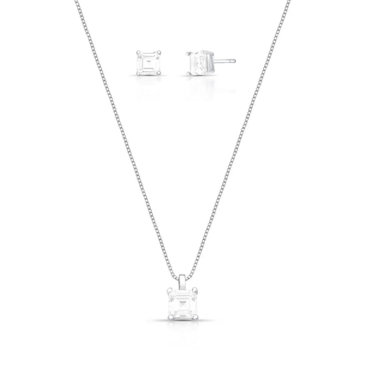 Conjunto quadradinho zircônias brancas prata 925