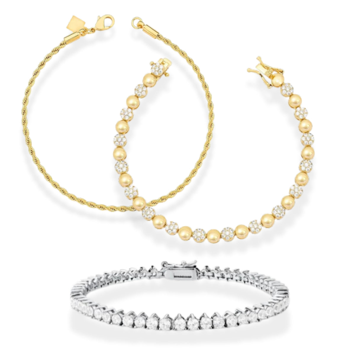 Conjunto pulseiras Luiza/Malha/Riviera ouro