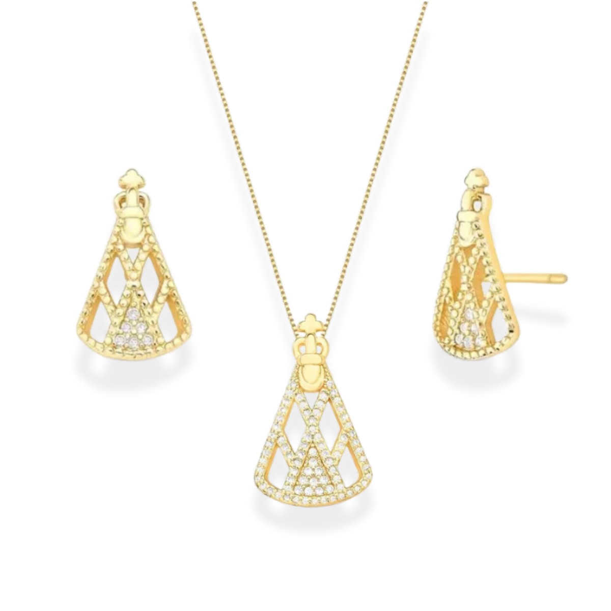 Conjunto vazado Nossa Senhora Aparecida zircônias ouro