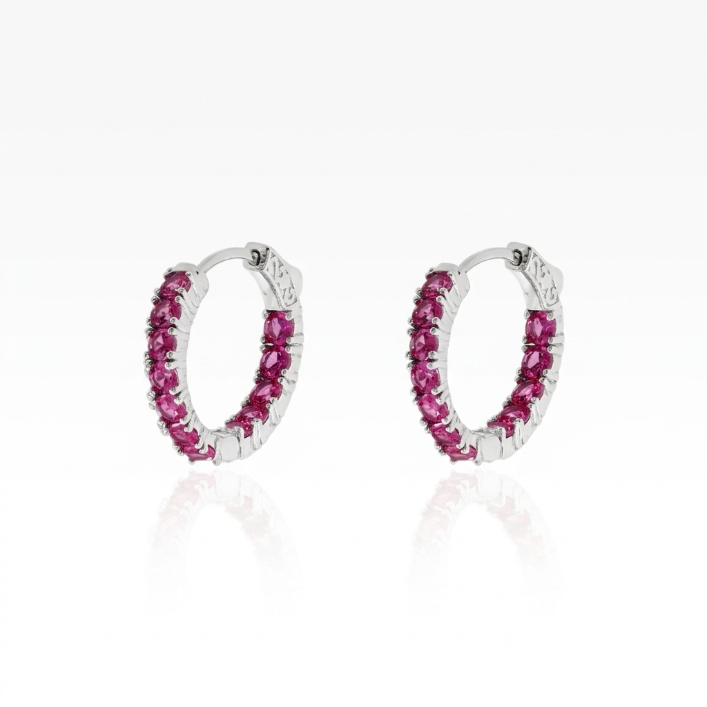 Brinco argola Mila zircônias turmalina pink ródio branco