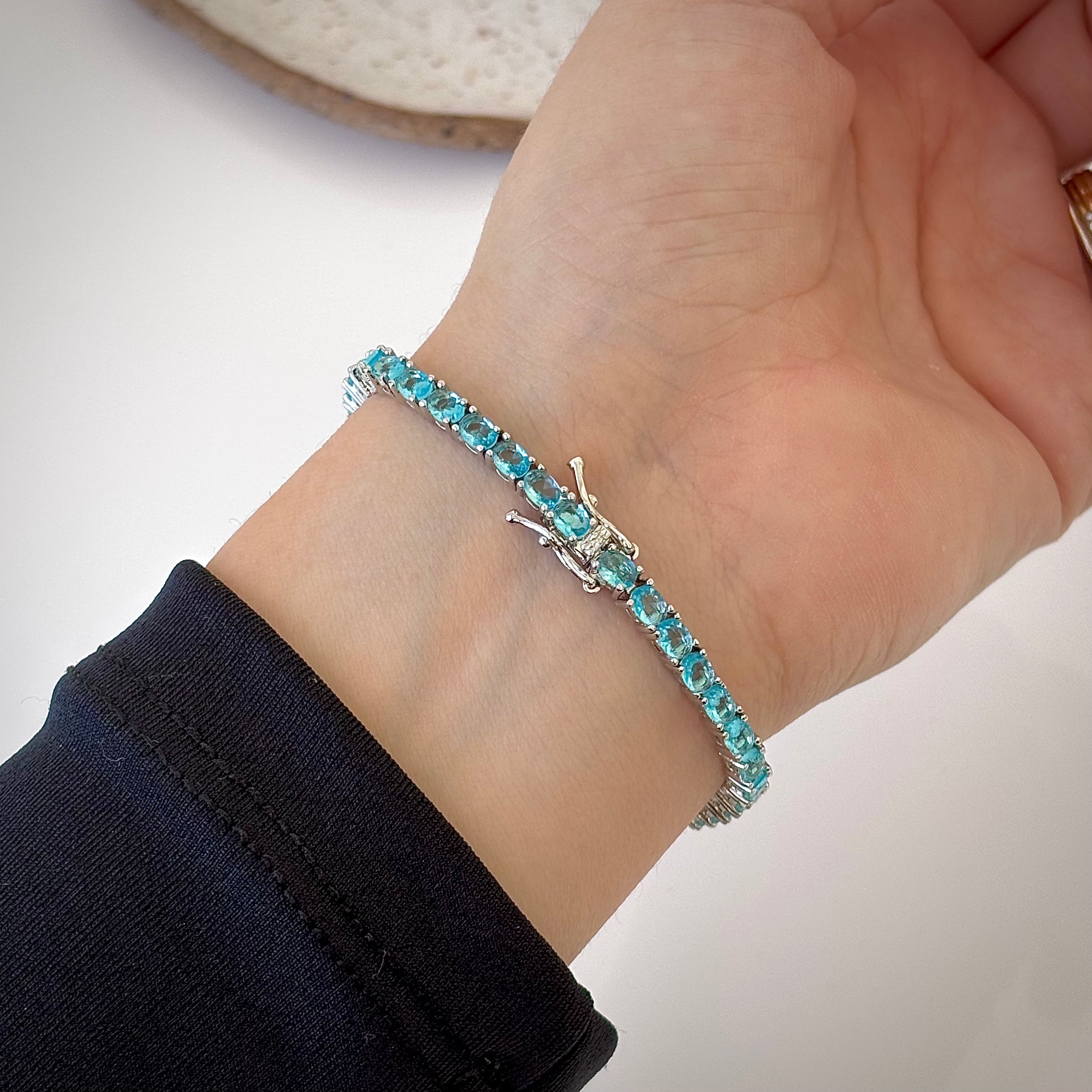 Pulseira riviera Dollie zircônias água marinha ródio branco