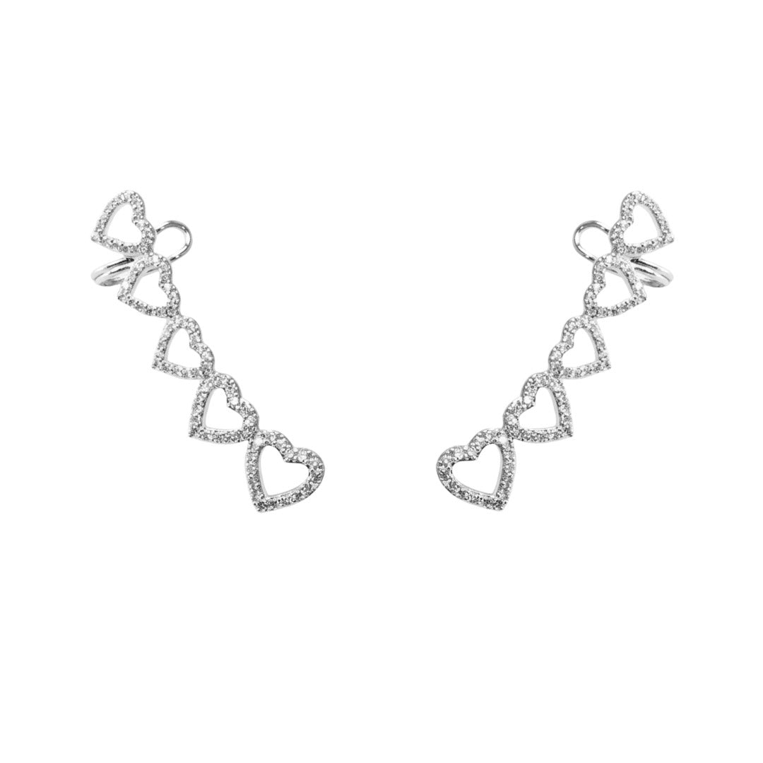 Brinco ear cuff hearts cravejado ródio branco