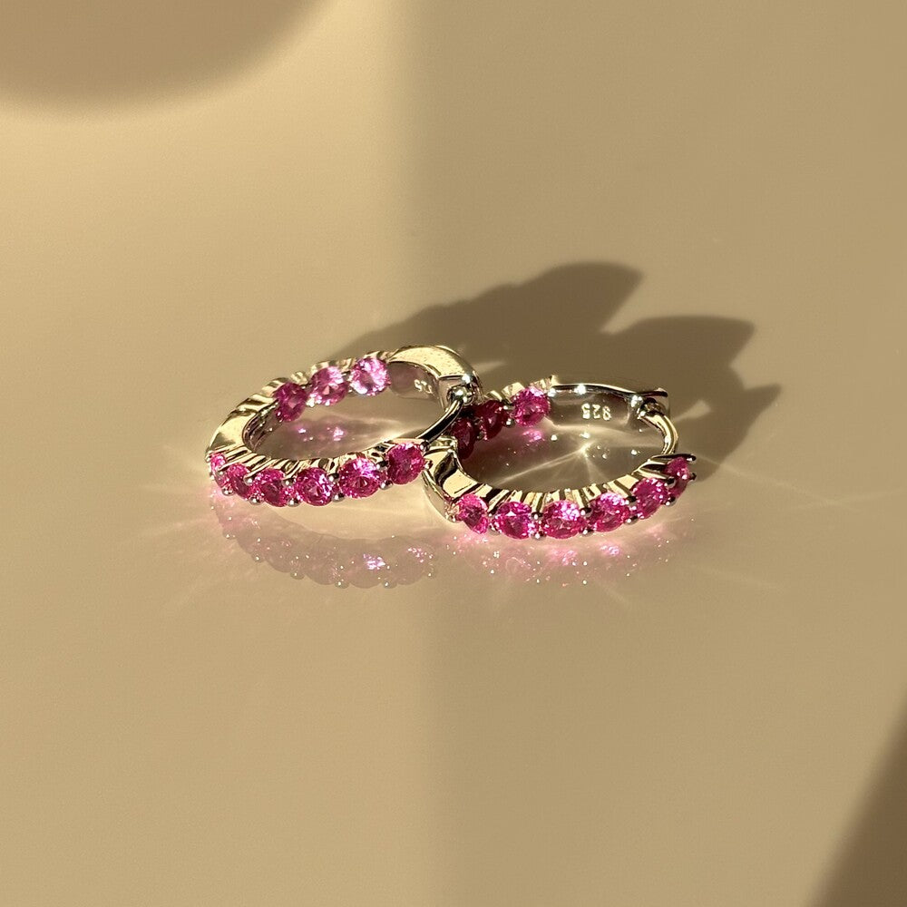 Brinco argola Jenny zircônias turmalina pink prata 925