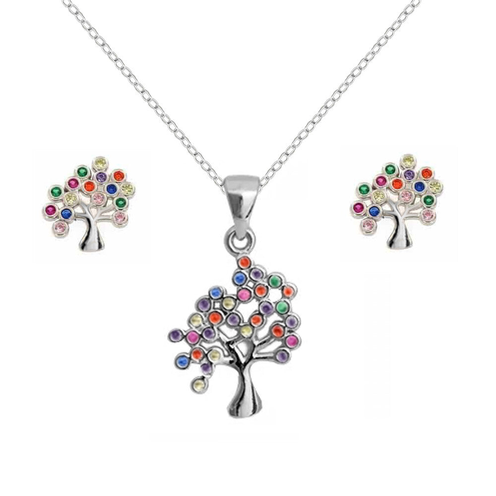 Conjunto árvore cravejada colorida ródio branco