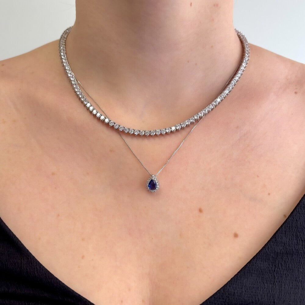 Conjunto Fran gota zircônia azul safira ródio branco