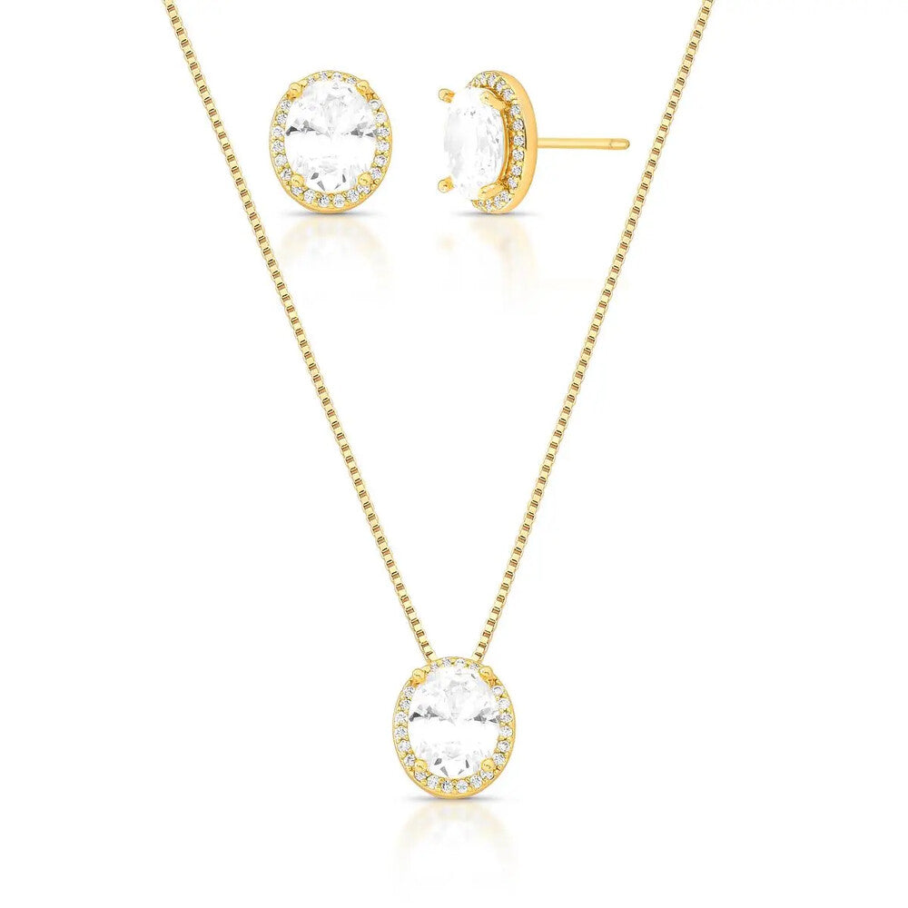 Conjunto oval zircônias brancas cravejado ouro