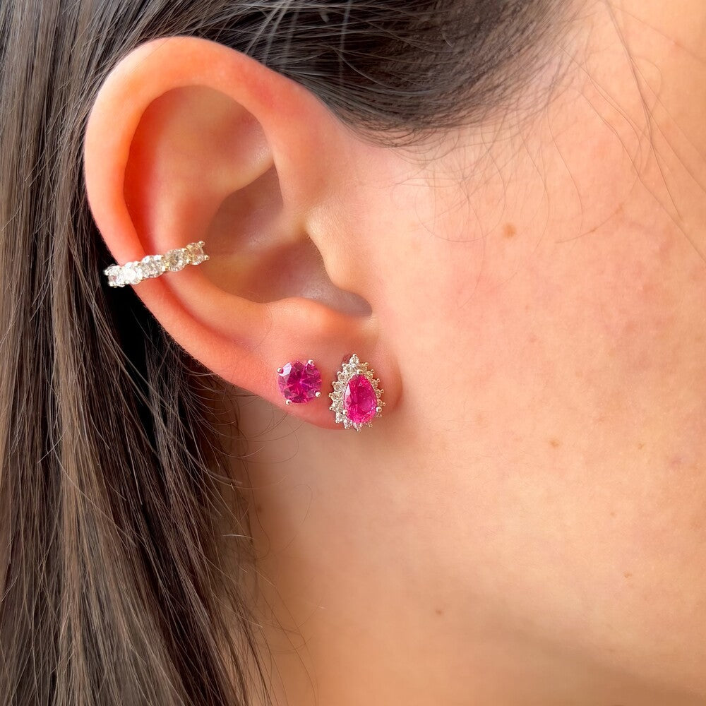 Conjunto redondo zircônia turmalina pink ródio branco (6mm)