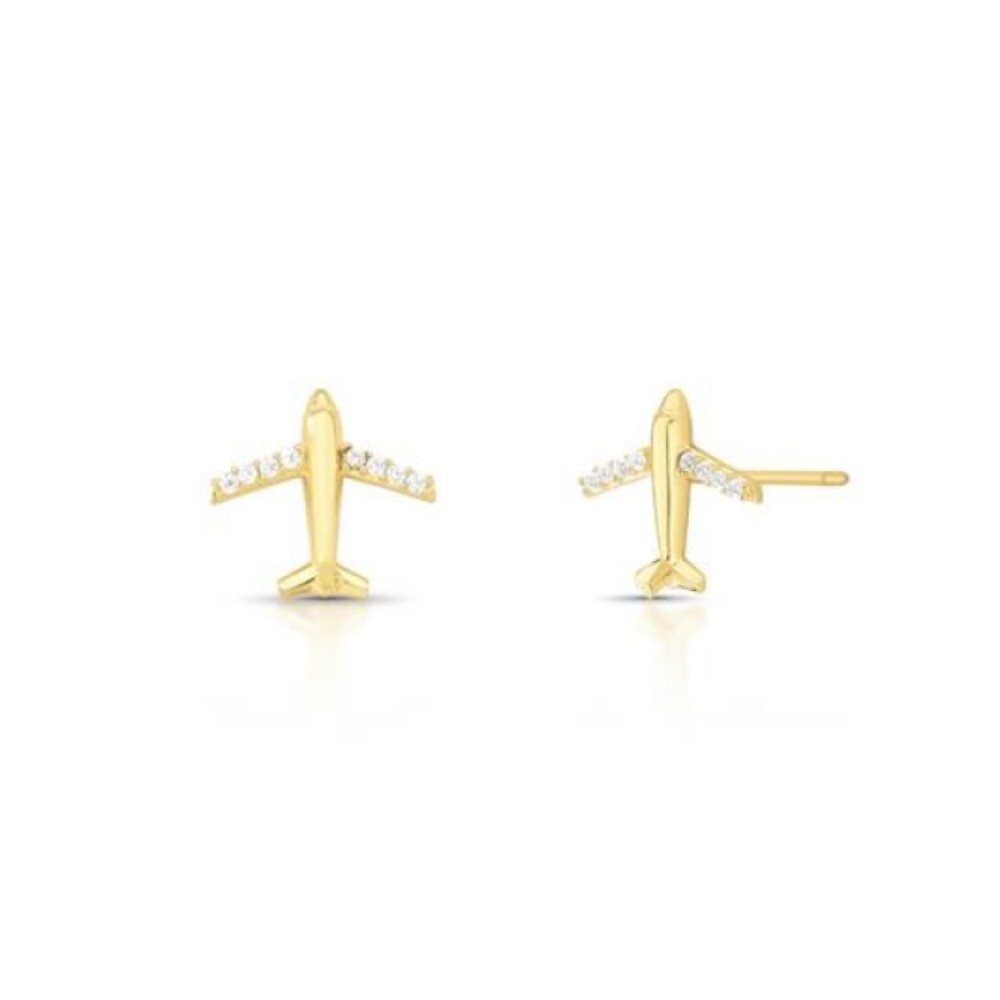 Brinco avião cravejado zircônias brancas ouro