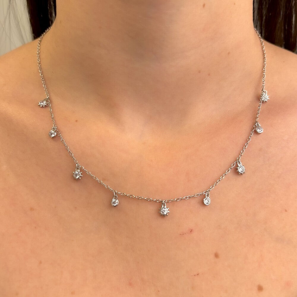 Colar pontos de luz e estrelas zircônias brancas ródio branco