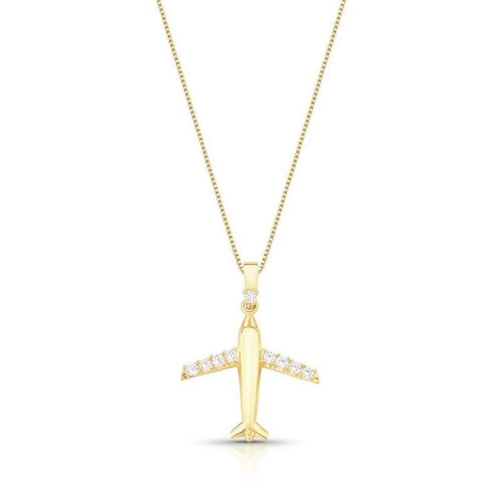 Colar avião cravejado zircônias brancas ouro